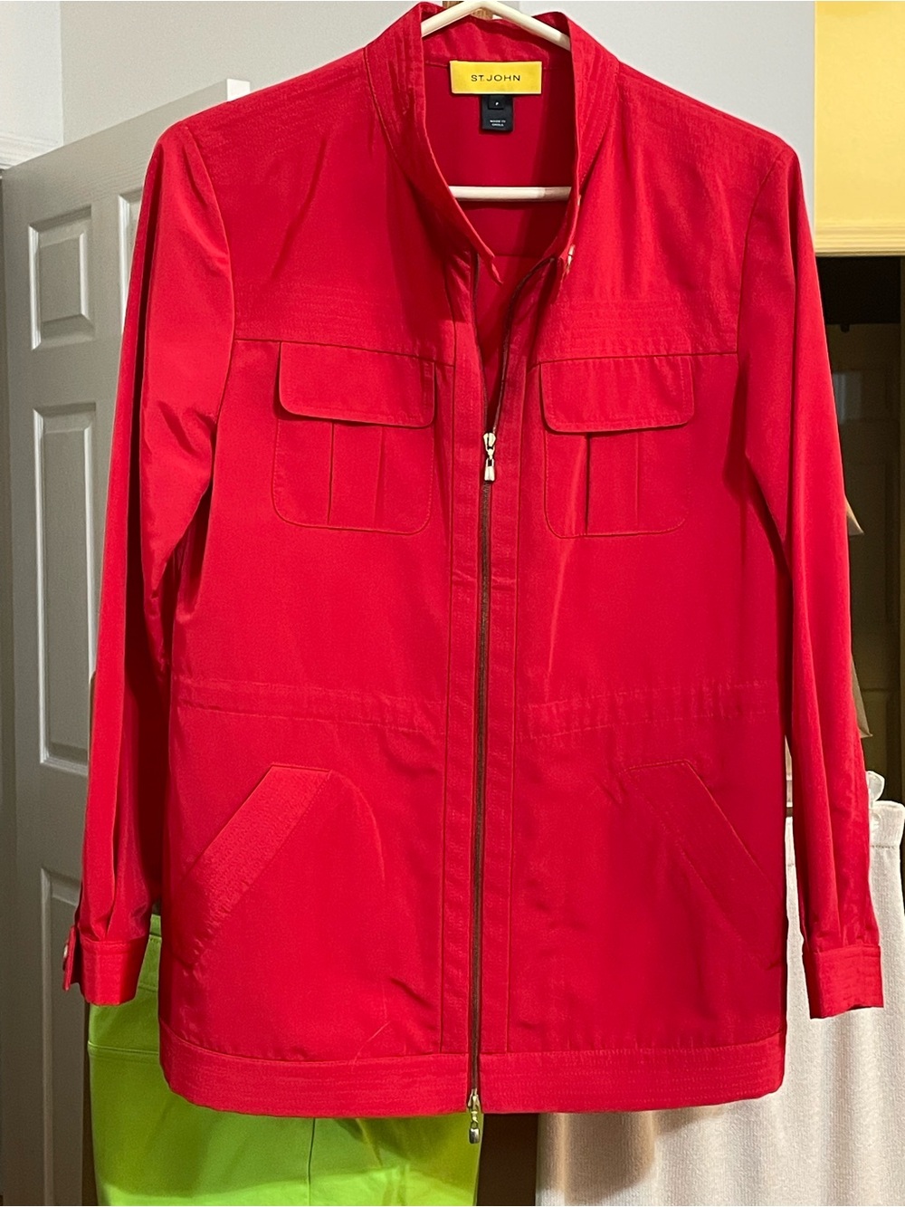 St. John Red Utility Zip Jacket P (US 0-2)Travel Safari Style Drawstring Waist